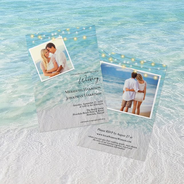 Convites Tudo em uma foto ao lado de Sandy Beach e Lights (Front and back - features RSVP information, website, and any details you would like to add.)