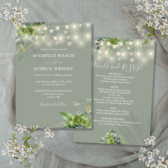 Convites Tudo Em Uma Luz Verde Sage Casamento Verde (All In One Greenery Lights Sage Green Wedding Invitation)