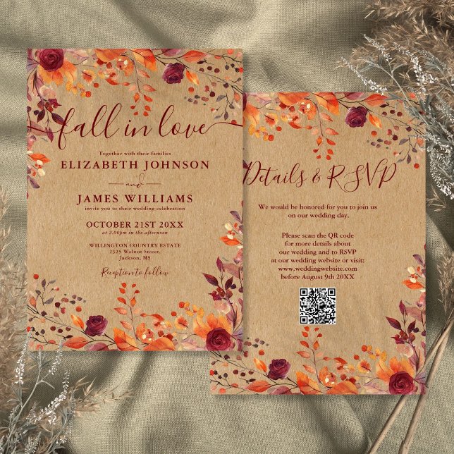 Convites Tudo Em Uma Queda Rústica No Casamento De Código Q (All In One Rustic Fall In Love QR Code Wedding Invitation)