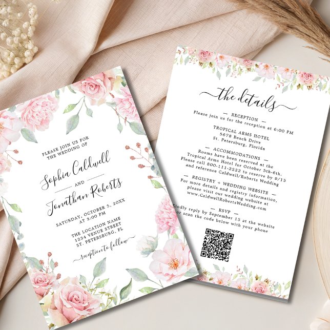Convites Tudo em uma Rosas Rosa Sage Casamento Verde (All in One Elegant Pink Roses and Sage Greenery Wedding Invitation)