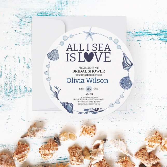 Convites Tudo o que Vejo é Amor Chá de Bebê Náutico Conchas (All I Sea Is Love Nautical Bridal Shower Seashell)