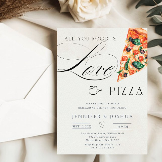 Convites Tudo que você precisa é Janto de ensaio de amor e  (All You Need is Love and Pizza Rehearsal Dinner Invitation)