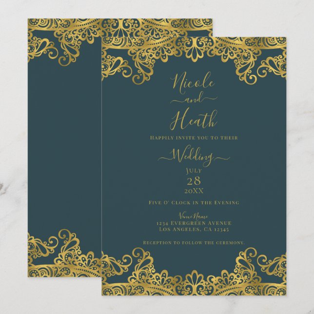 Convites Tule Escuro e Renda Dourada Casamento Elegante (Frente/Verso)
