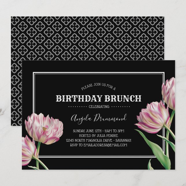 Convites Tulip Flower Birthday Brunch Black (Frente/Verso)