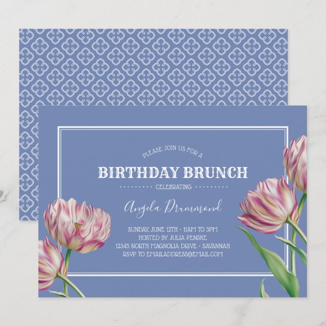 Convites Tulip Flower Birthday Brunch Violet (Frente/Verso)