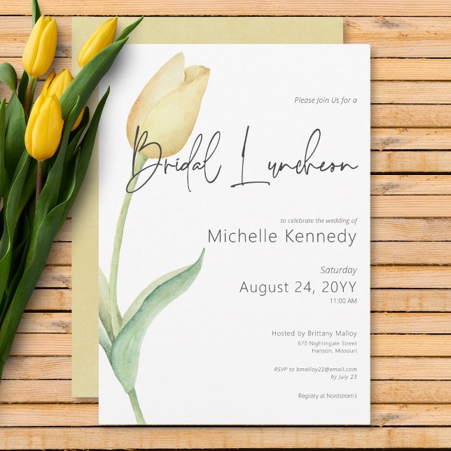Convites Tulipa Amarela Moderna Lungueira Solo (Modern Yellow Tulip Solo Bridal Luncheon Invitation)