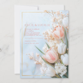 Convites Tulipa Rosa Bege Mármore Dourado Casamento de Prim