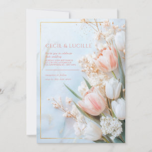 Convites Tulipa Rosa Bege Mármore Dourado Casamento de Prim