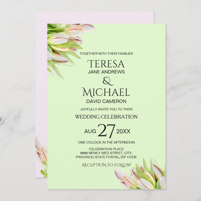 Convites Tulipa Rosa Cor-de-Rosa Rosa Mint (Frente/Verso)