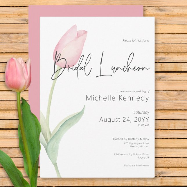 Convites Tulipa Rosa Moderna Almofada Solo (Modern Pink Tulip Solo Bridal Luncheon Invitation)