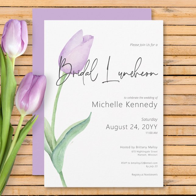 Convites Tulipa Roxa Moderna Almofada Solo (Modern Purple Tulip Solo Bridal Luncheon Invitation)