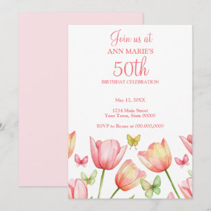 Convites Tulipas Aguarela Rosa Bege Festa de Aniversário de