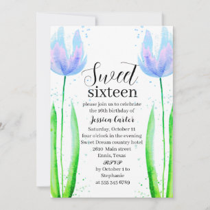 Convites Tulipas Azuis De Aquarela Doce Floral 16 Dezesseis