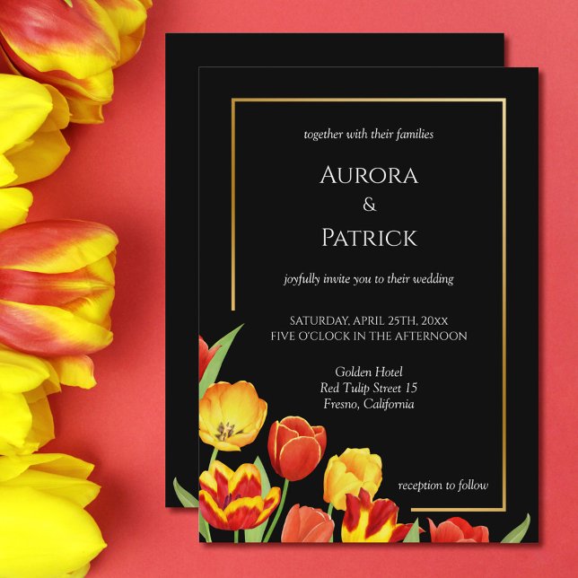 Convites Tulipas Brilhantes e Ousadas Flores de Primavera P (Bright & Bold Tulips Black Spring Floral Wedding Invitation)