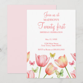 Convites Tulipas de Aquarela Rosa Enrubescida Aniversário d
