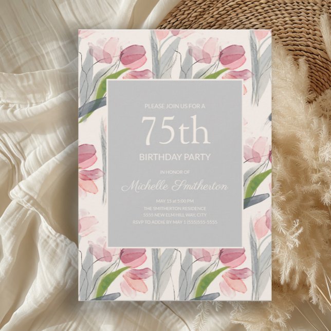 Convites Tulipas de Flor Cor de Água Rosa Escamufladas 75.  (Elegant pink tulips watercolor floral 75th birthday party invitation)