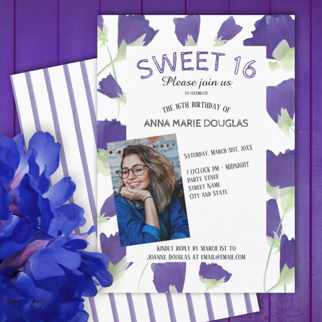 Convites Tulipas de Primavera púrpura Doce Floral 16 Convit (purple tulips floral summer spring springtime sweet 16 sixteen party invitations, flowers, stripes)