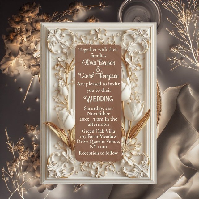 Convites Tulipas de Trabalho em Barra de Ouro Marfim Suave  (Vintage Soft Ivory Gold Baroque Scrollwork Tulips Invitation)