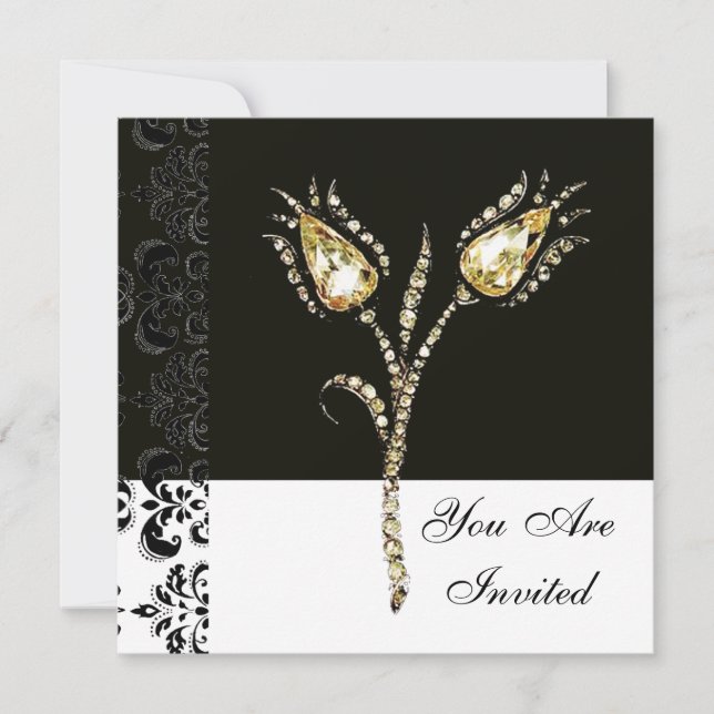 Convites TULIPAS DIAMANTE, Damasco Preto e Branco (Frente)