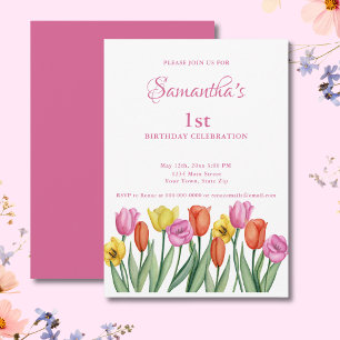 Convites Tulipas em Aquarela Aniversário de 1 ano 