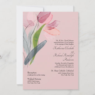 Convites Tulipas em Aquarela Elegante Rosa Bege Casamento I