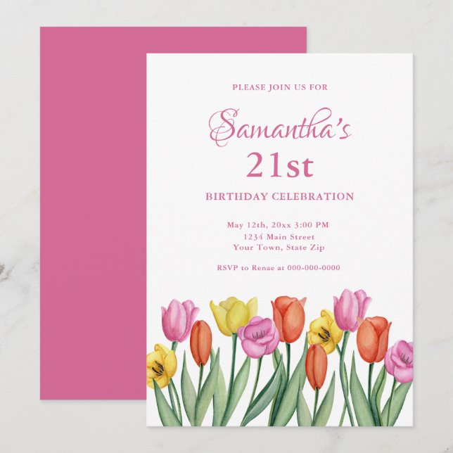 Convites Tulipas em Aquarela para 21º Aniversário  (Frente/Verso)