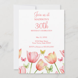 Convites Tulipas em Aquarela Rosa Bege Festa de Aniversário