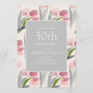 Convites Tulipas Flor de Aguarela Rosa Corada 50º Aniversár