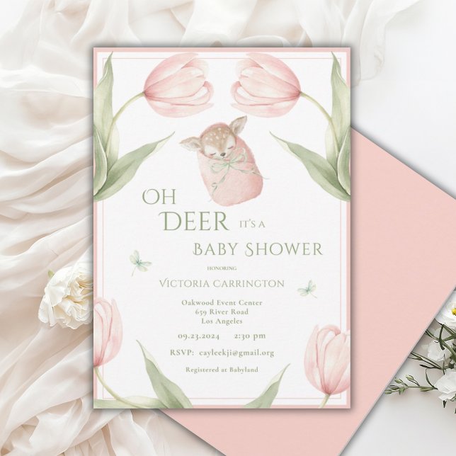 Convites Tulipas Oh Veado Rosa Chã de Bebê (Criador carregado)