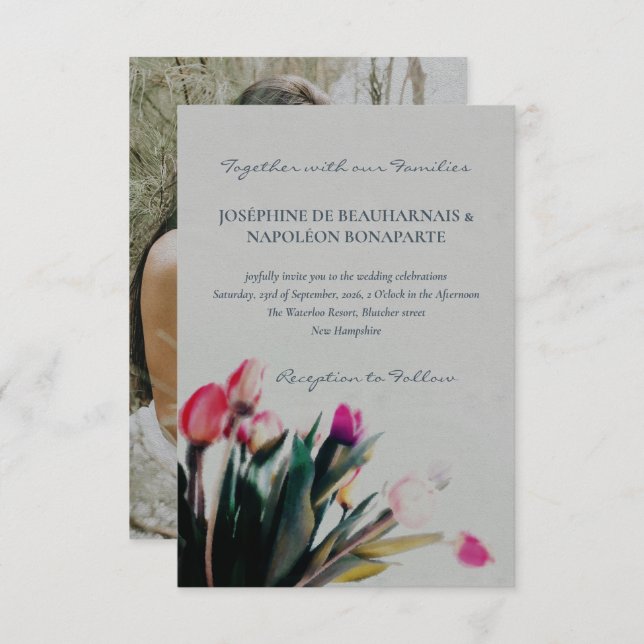 Convites Tulipas românticas aquarela com casamento fotográf (Frente/Verso)