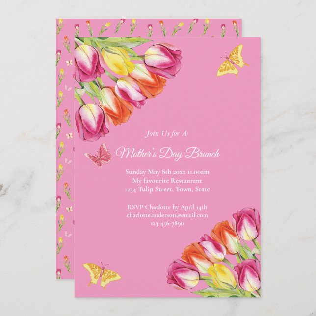 Convites Tulipas rosa e borboletas Dia das Mães Brunch Rosa (Frente/Verso)