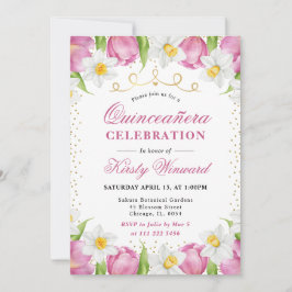 Convites Tulipas Rosa e Narcisos em Aquarela Quinceanera