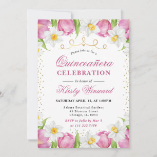 Convites Tulipas Rosa e Narcisos em Aquarela Quinceanera