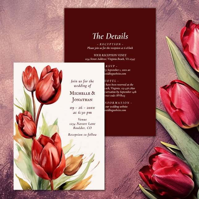 Convites Tulipas Vermelhas De Aquarela Primavera Em Um Casa (Watercolor Red Tulips Spring All In One Wedding Invitation)