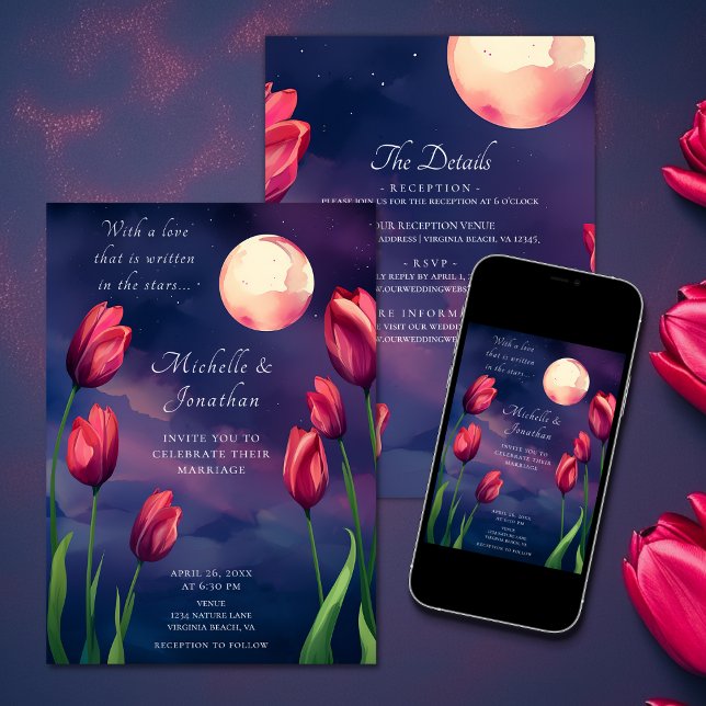 Convites Tulipas Vermelhas, Lua Cheia e Estrelas Todas em U (Red Tulips, Full Moon and Stars All in One Wedding Invitation)