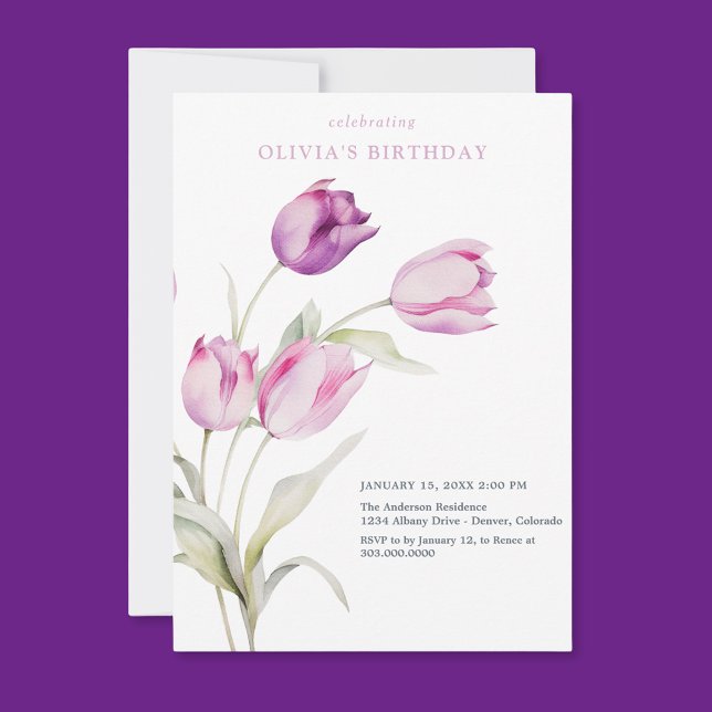Convites Túlips de Aguarela Lilás Rosa Roxo (Criador carregado)