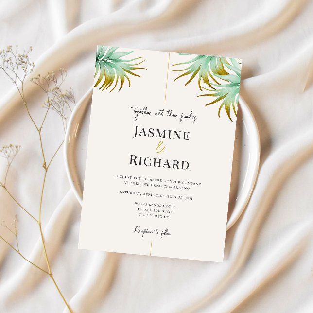 Convites Tulum Watercolor Tropical Gold Palm Destination (Criador carregado)