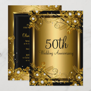 Convites Turbilhão Floral de Diamante Preto Dourado 50º Ani
