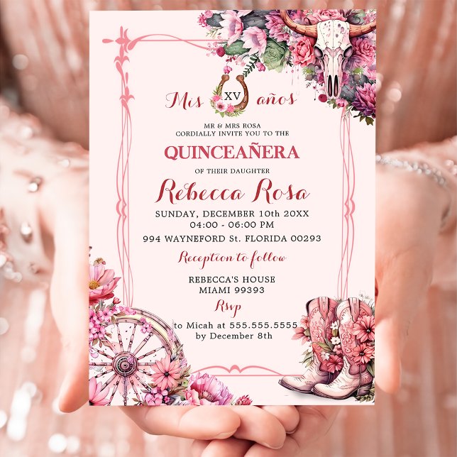 Convites Turco Rosa Boho Ocidental Charra Tema Quinceanera (Criador carregado)