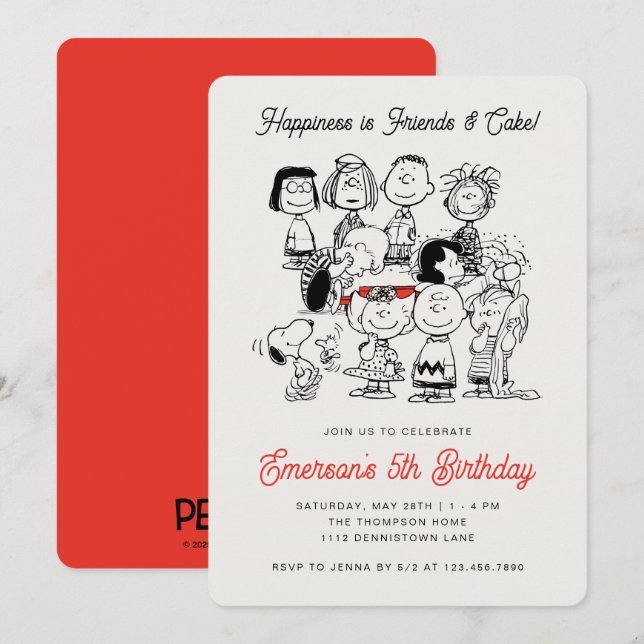 Convites Turma Clássica do Peanuts de Aniversário | Snoopy  (Frente/Verso)