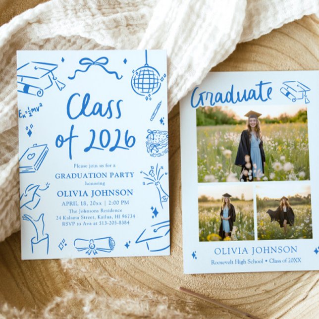 Convites Turma de 2026 Desenhada à Mão Festa de Formatura A (Hand Drawn Class of 2026 Blue Graduation Party Invitation)
