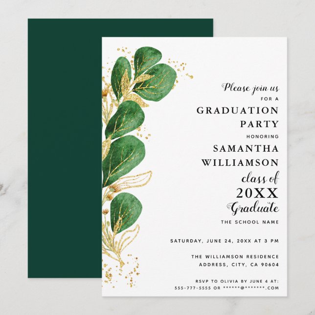 Convites Turma de Formatura da Elegant Greenery de 2026 (Frente/Verso)