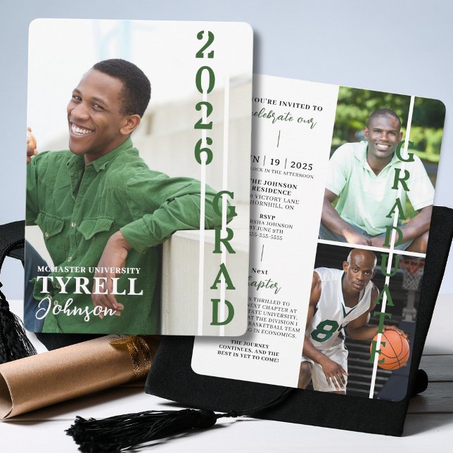 Convites Turma de Graduação de Fotos Múltiplas Modernas de  (Modern multi photo graduation announcement with vertical 2026 graduate design and custom details.)