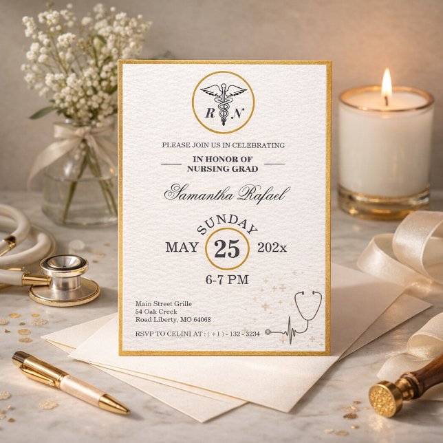 Convites Turma de Graduados de Enfermagem Formal Ouro de 20 (Gold Formal Nursing Graduate Class of 2026 Heart Stethoscope invite)