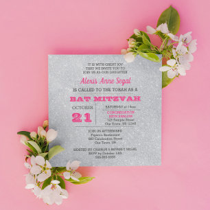 Convites Turmalina Rosa e Bat Mitzvah Silver Glitter