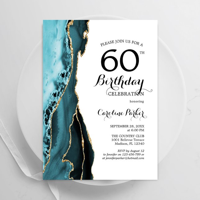 Convites Turquesa Agate Dourado Branco 60º Aniversário (Criador carregado)