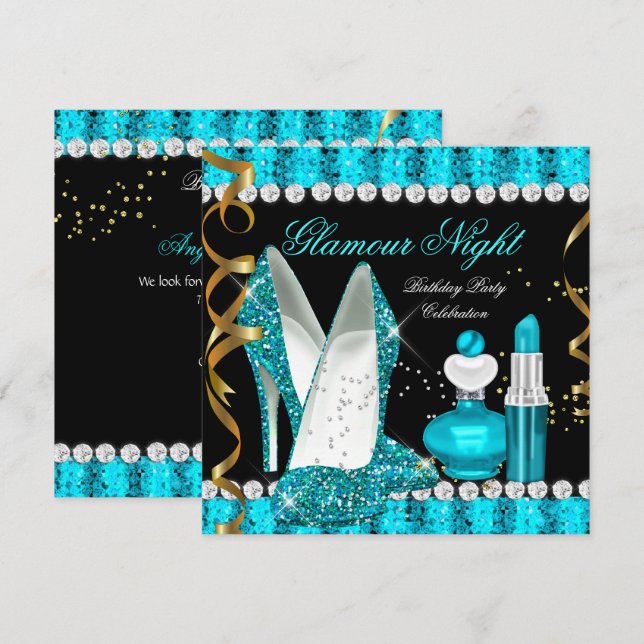 Convites Turquesa Água Notte Glamour Dourado Preto (Frente/Verso)