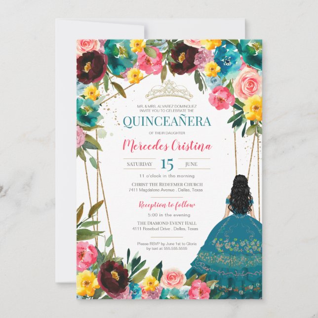 Convites Turquesa Amarelo cor-de-rosa Festiva Quinceanera (Frente)