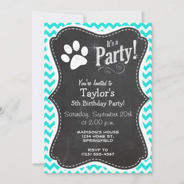 Convites Turquesa, Aqua Color Chevron; Paw Print (Frente)