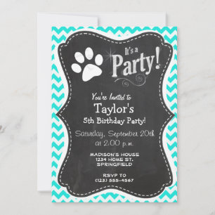 Convites Turquesa, Aqua Color Chevron; Paw Print